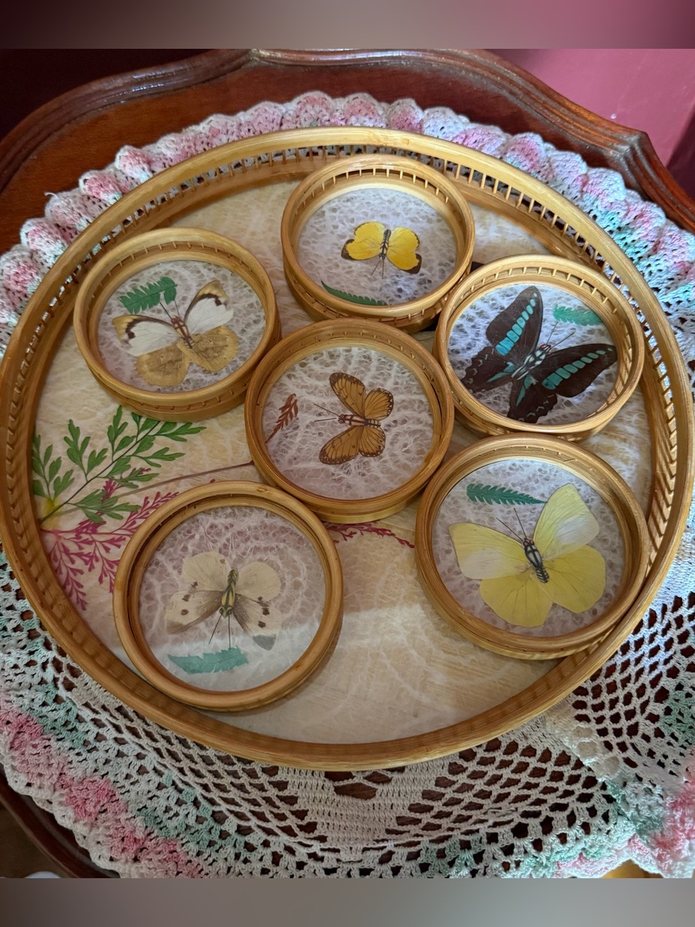 Vintage bamboo tray and six coasters with butterflies and ferns